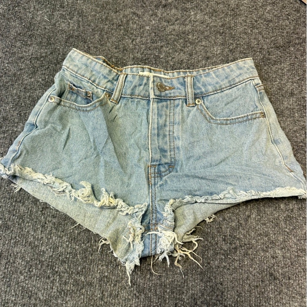 Pull&Bear Denim Shorts Womens Size 0 Blue Distressed High Waist Cut Off Raw Hem